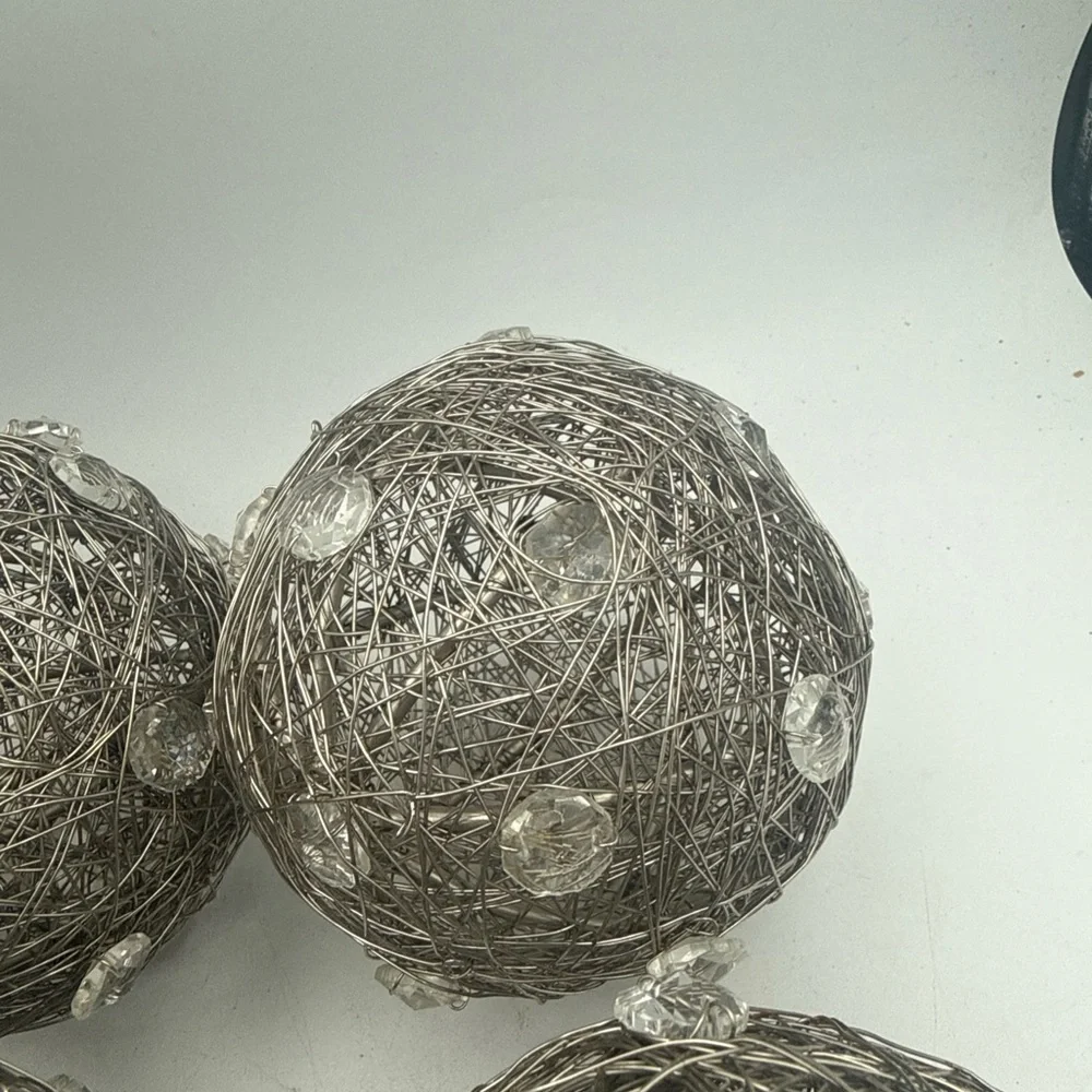 4 Pier 1 One Wrapped Silver Color Metal Wire Orbs Spheres w/ Acrylic Gems 6”
